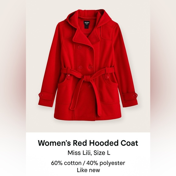 Miss Lili Jackets & Blazers - MISS LILI Red Hooded Belted Peacoat Women’s Size Large RN 57685